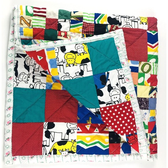 Patchwork Quilt Throw baby Toddler blanket colorful Cow designs  35in x 35in - Picture 7 of 9
